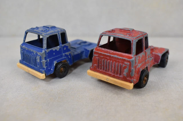 2 VINTAGE TOOTSIE Toy Cab Over Truck Tractor /Semi - Red/Blue - Diecast