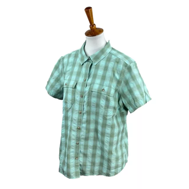 NWT Eddie Bauer Women's Adventurer 3.0 Short Sleeve Celadon Green Plaid Top XL