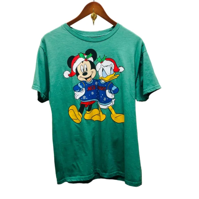Disney Mickey And Donald Naughty / Nice Mens Green T-Shirt Large Christmas T14