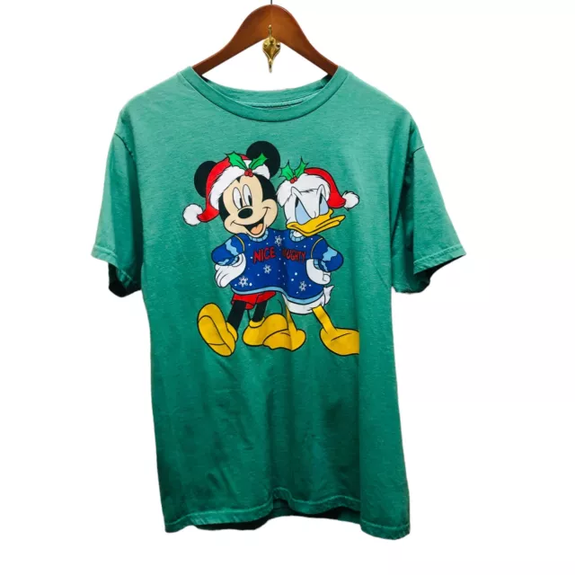 Disney Mickey And Donald Naughty / Nice Mens Green T-Shirt Large Christmas T14