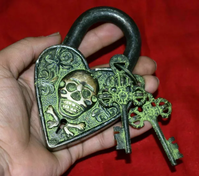 Heart Shaped Lock Brass Padlock Skull Design Vintage Heavy Safety Lock GK 549