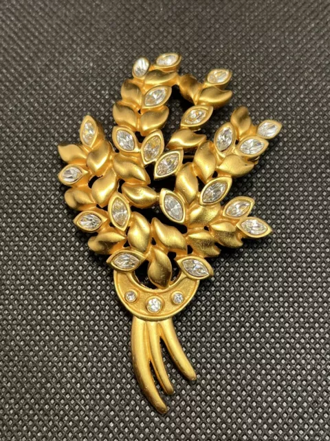 Anne Klein Gold Tone Floral  Brooch Pin Rhinestones Leaves Statement Fashion