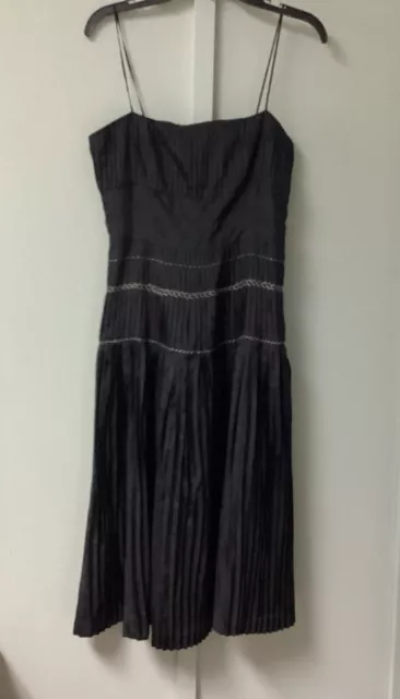 David Meister Silk Satin Size 4 Midi Length Black Pleated Spaghetti Strap