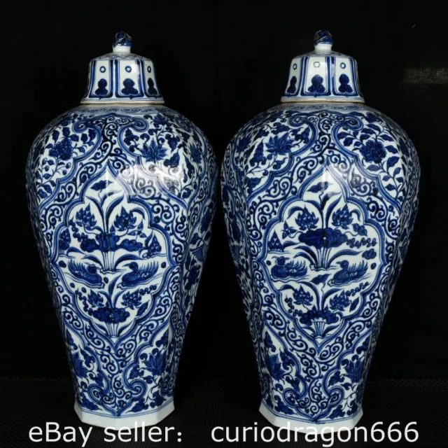 21.6" Chinesisch Blau Weiß Porzellan Mandarin Ente Pflaume Vase Flasche Paar