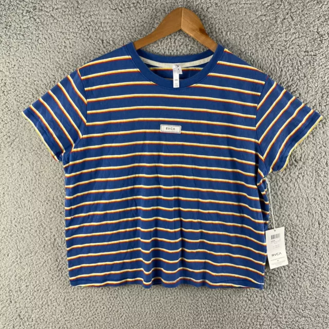 NEW RVCA Womens Top Small Blue Stripe Short Sleeve Pullover Tee Skate Shirt