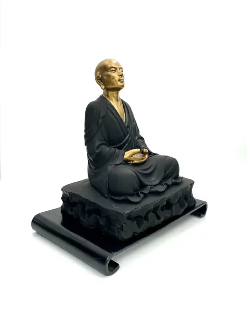 Statue Oriental Asian Wise Man Vintage Statue on Wooden Base Meditation Zen 2
