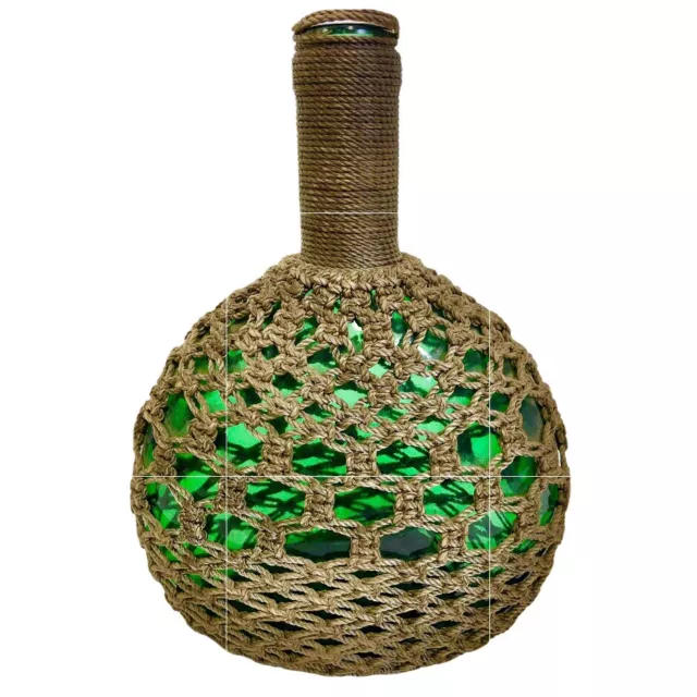 Vintage Dark Green Glass Jute Wrapped Wine Bottle Empty Bohemian￼ Decor