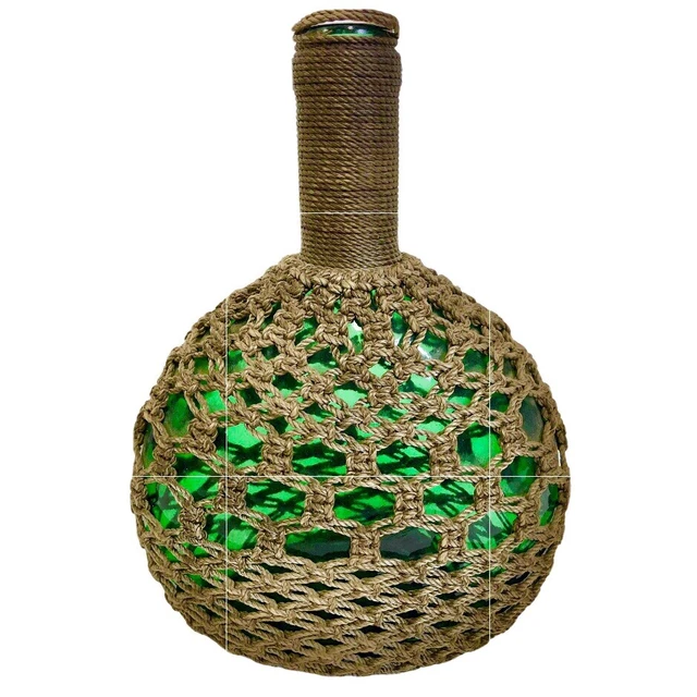 Vintage Dark Green Glass Jute Wrapped Wine Bottle Empty Bohemian￼ Decor