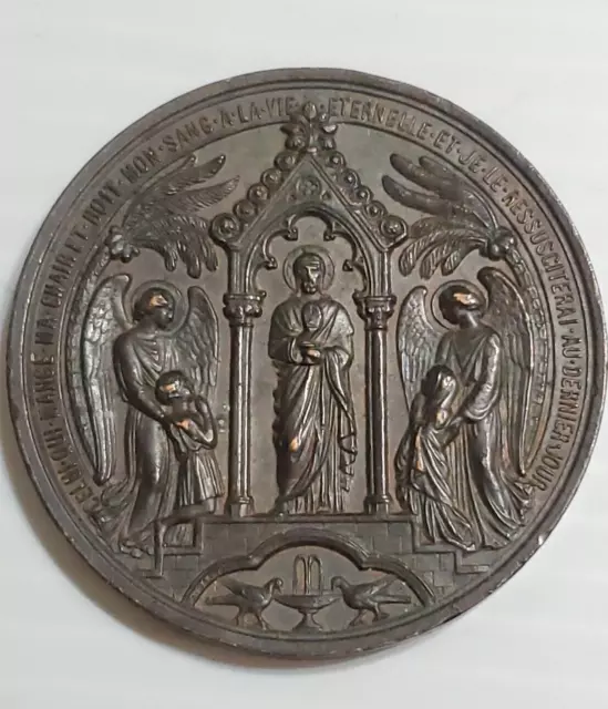 1862 Bronze French Religious Baptish Medal / Medallion