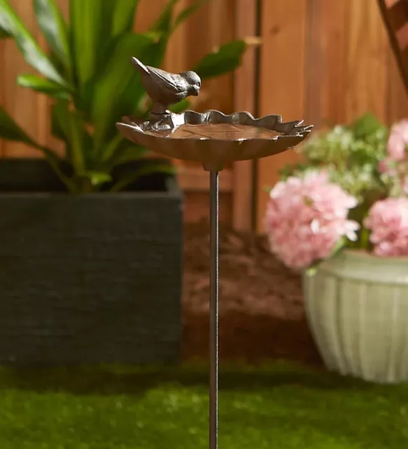 Rustic Cast Iron Leaf Mini Bird Bath Feeder Garden Stake Yard Lawn Art Statue