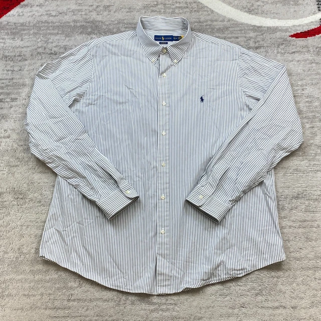 Polo Ralph Lauren Button Up Shirt 2XL XXL Gray Blue Pony Dress Striped Rugby Men