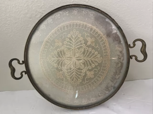 Vintage Brass Vanity Dresser Tray with Antique French Lace Under Glass Round