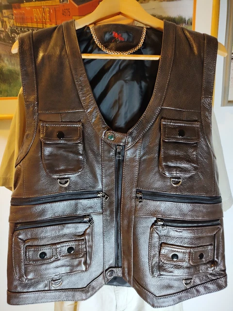 Men's Brown Pebble grain Leather Cargo Vest w/Multiple Pockets Used Size Large