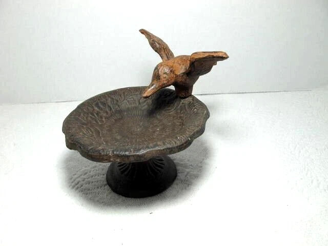 Vtg Heavy Cast Iron Mini Pedestal Bird Bath Feeder w Hummingbird #1 Marked