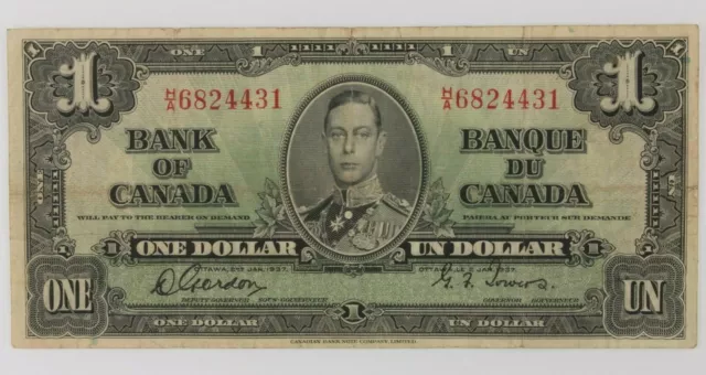 1937 Canada Ein Dollar Banknote Fein (F) Zustand Gordon-Towers P #58b