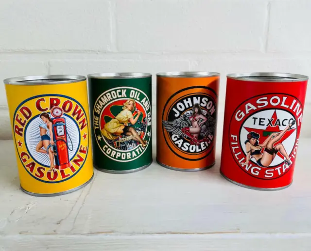 Set of 4 vintage motor oil cans replica garage item - petrol and pinups!!