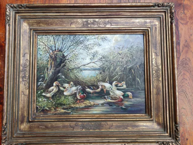 KLEINES GEMÄLDE in antik gold 30x36 cm Bilderrahmen Enten am Teich