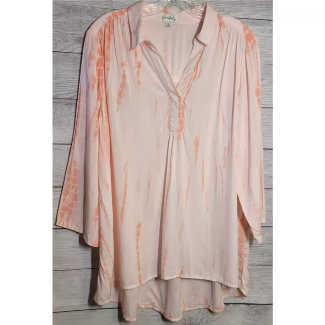 Wonderly Womens Blouse Plus Size 1X Pink Coral Pleated V Neck Highlow Collared