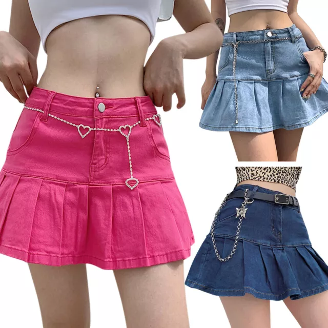 MY# Korean Women Denim Mini Pleated Ruffles Ladies A Line High Waist Jeans Skirt