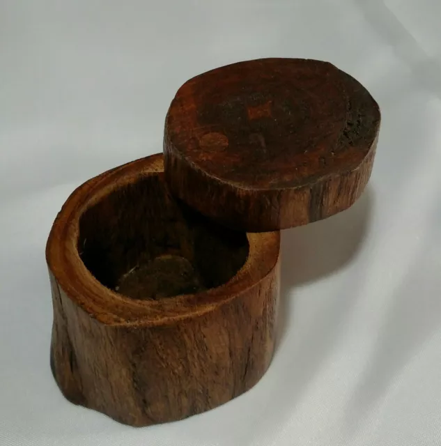 Walnut Stained Teak Wood Tree Stump Trinket Coin Jewelry Box w/ Swing Swivel Lid