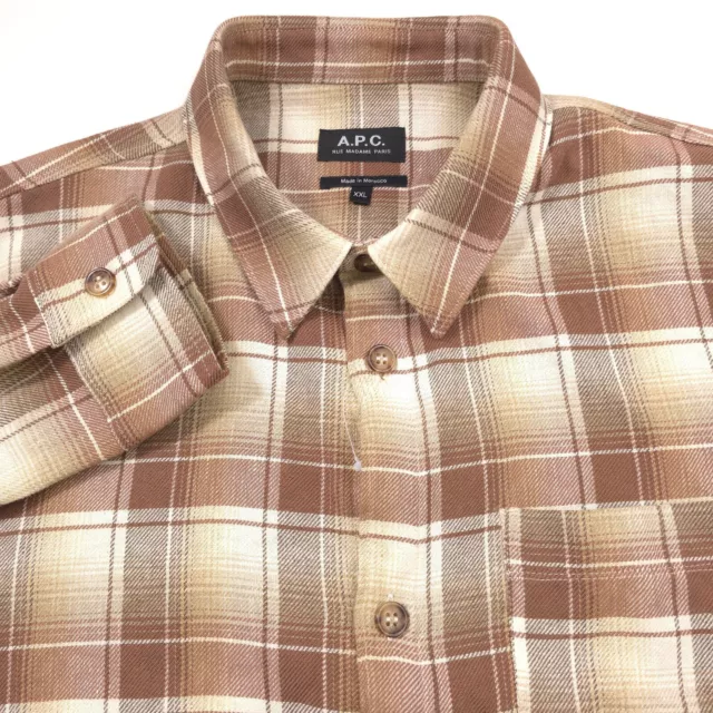 APC Trek Brown Plaid Cotton & Linen Flannel Over Shirt Mens Size 2XL