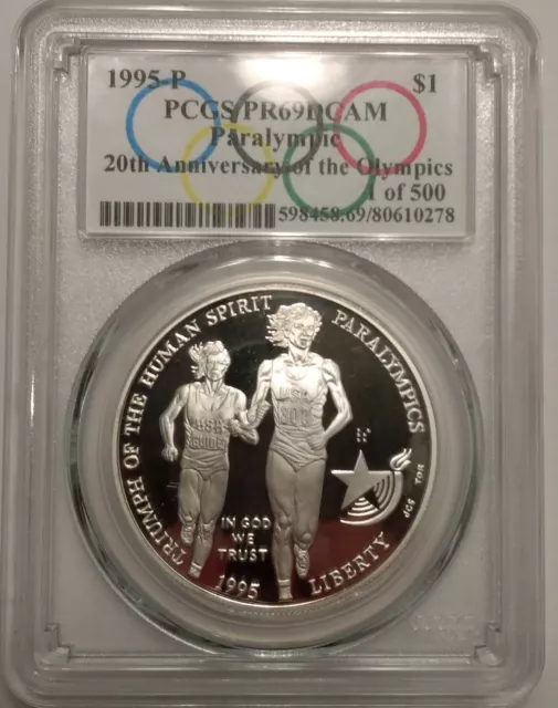 1995-P Paralympic Silver Dollar PCGS PR69DCAM ~ 20th Anniversary Special Label