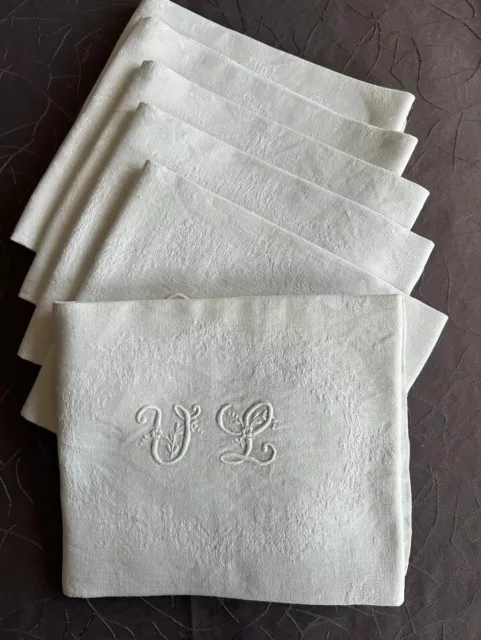 Lot De 6 Serviettes De Table Très Anciennes 1920 Coton Damassé Blanc