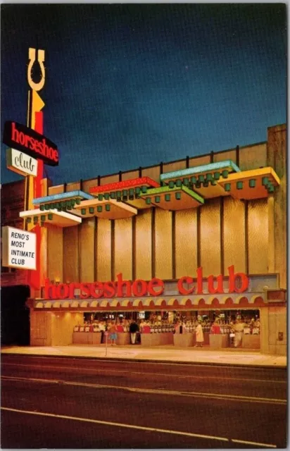 Vintage RENO, Nevada Postcard HORSESHOE CLUB CASINO Night Street View c1960s