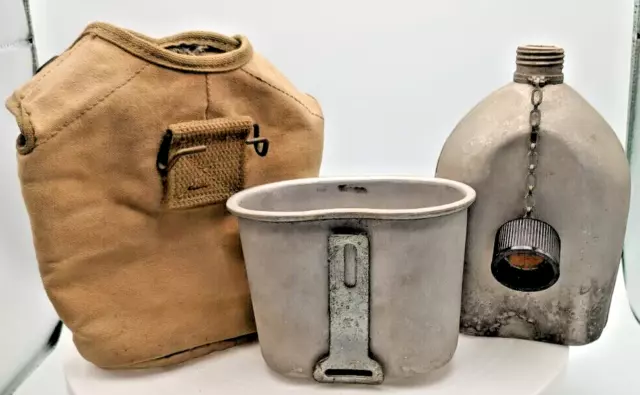 VTG US WWII 1944 ALUMINUM CANTEEN MILITARY ARMY FLASK & CUP, w/CANVAS COVER