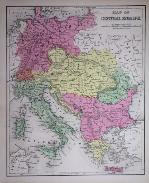Old 1871 Cowperthwait Atlas Map ~ CENTRAL EUROPE - ITALY (10x12) -#1089