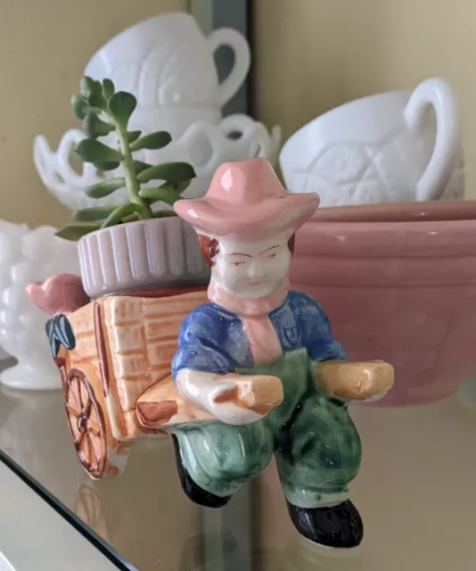 Vintage Mid century Ceramic Cowboy Pulling Wagon Planter made in Japan 1950s MCM