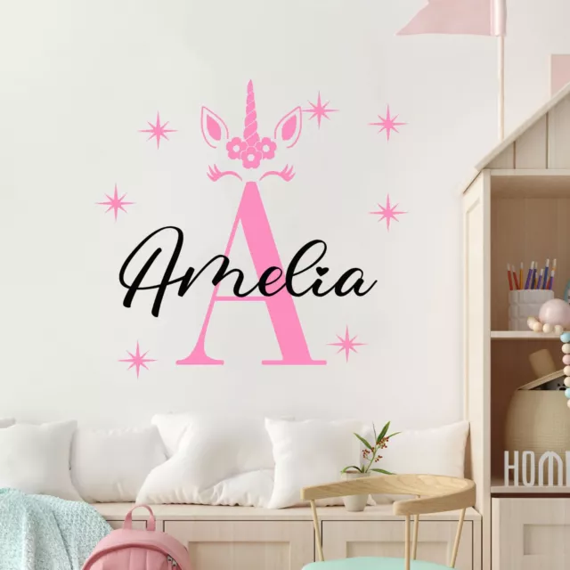 Personalised Name Wall Art Sticker Unicorn Baby Girls Bedroom Nursery Decal Cot