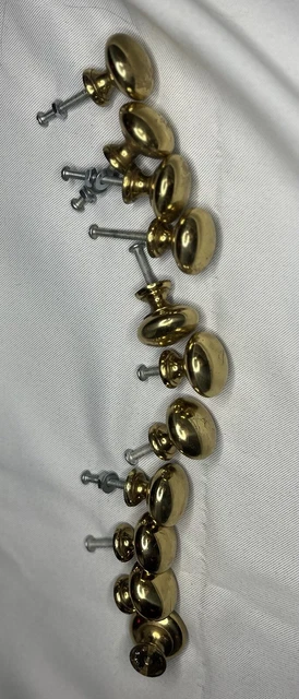 Lot of 11 Solid Heavy Brass Cabinet Drawer Knobs Pulls Round Gold Tone Reclaimed