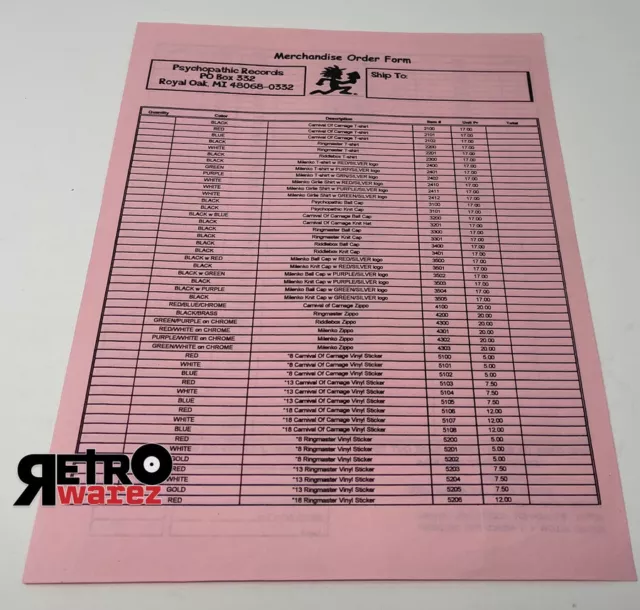 Insane Clown Posse - Merchandise Order Forum 8.5x11” Psychopathic Records ICP