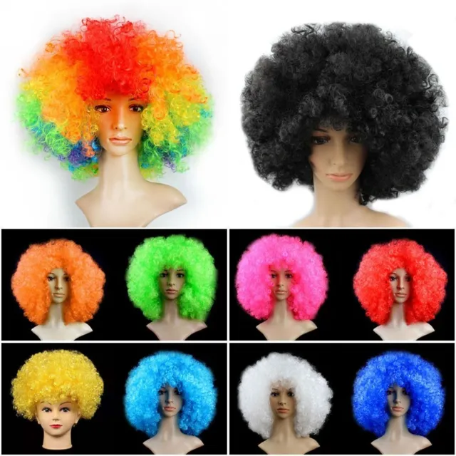 Black Afro Curly Wig Adult Fancy Dress Disco Coloured Rainbow Circus Curly