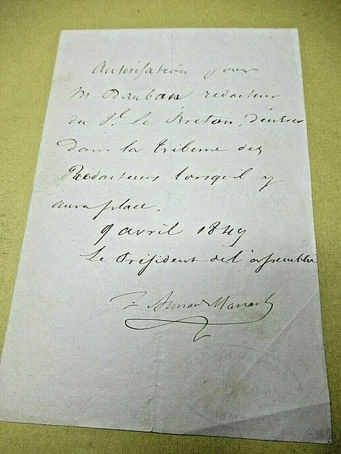 Autographe Signé Armand Marrast 1849 - Maire De Paris Révolution 1848 - Document Historique
