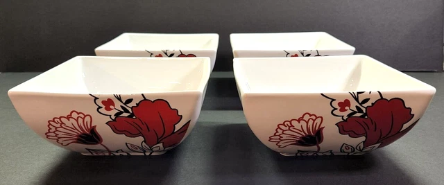 Set of 4 Coventry Fine China Red Black and White Floral Square Cereal Soup Bowls