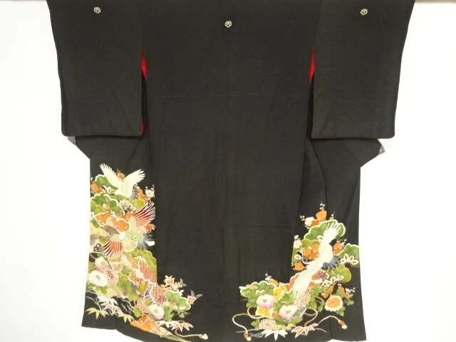 01645# Japanese Kimono / Antique Tomesode / Embroidery / Crane & Shochikubai