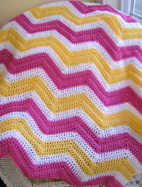 CROCHET CHEVRON handmade baby blanket afghan wrap shawl ripple pink yellow white