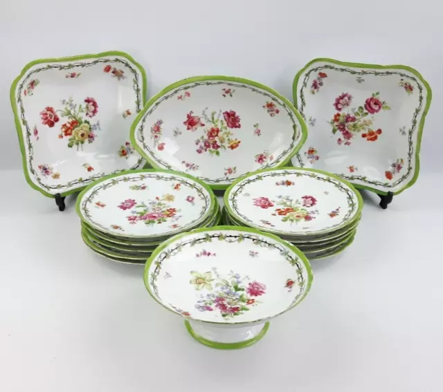 Vintage 14 Piece Porcelain Dessert Service Set - Floral Hand Painted Crown Mark