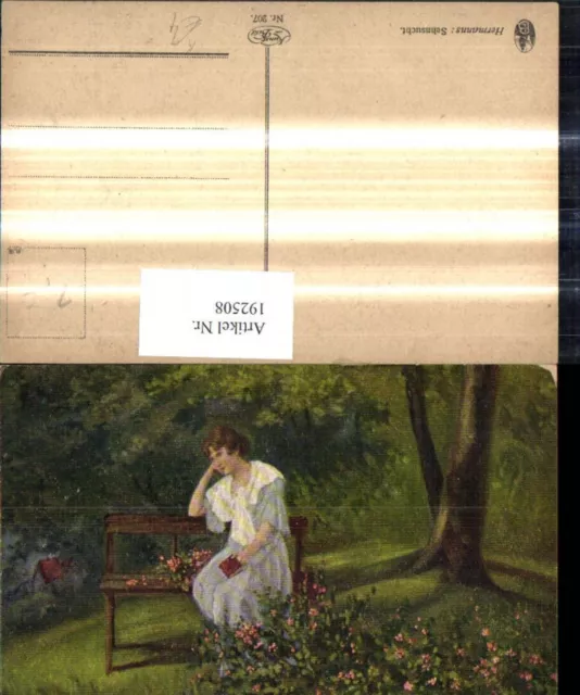 192508,Künstler Ak Hermanns Sehnsucht Frau liest Buch a. Bank Garten Lesen