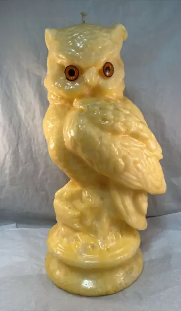 Huge Vintage Yellow Owl Wax Candle Large Plastic Gold Eyes 12" Unburned