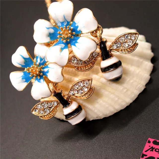 New Blue Enamel Cute Flower Bee Insect Crystal Pendant Fashion Women Necklace