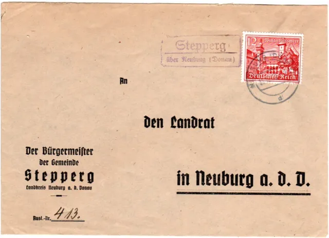 DR 1941, Landpost Stpl. STEPPERG über Neuburg auf Bürgermeister Brief m. 12 Pf.