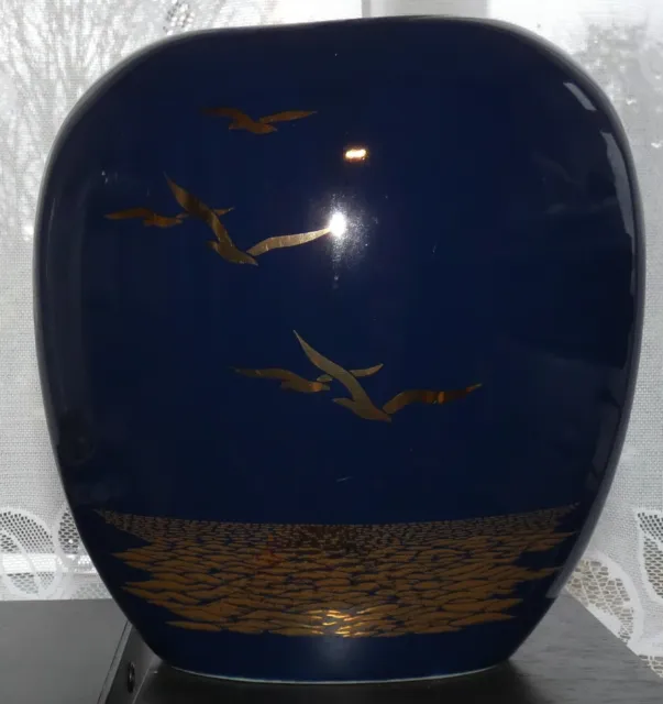 Vintage Otagiri Seagull Ceramic Glazed Gilded Oval Dark Blue Vase Design Japan