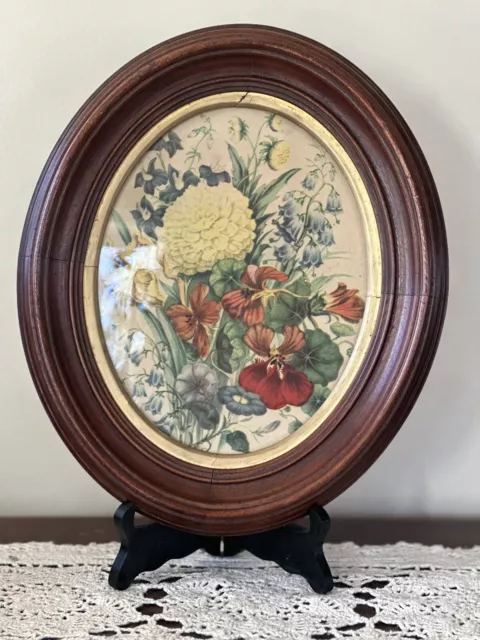 Antique Victorian Eastlake Era Walnut Deep Well Frame Floral Print 10.25x12.25”