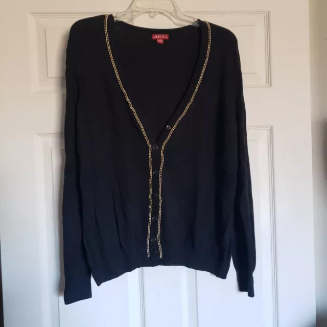 Women's XXL Black Merona Cardigan Sweater W/ Gold Chain Trim