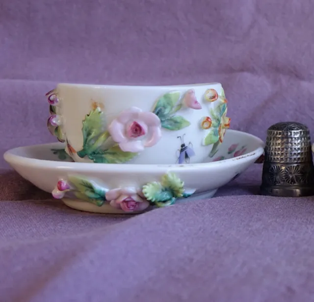 Antique Miniature Sitzendorf Cup & Saucer Encrusted with Flowers