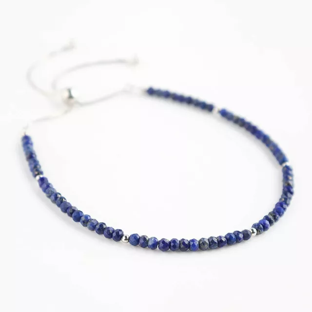 Natural  Lapis Lazulli Beads 925 Silver Adjustable Slider Bolo Bracelet b-84