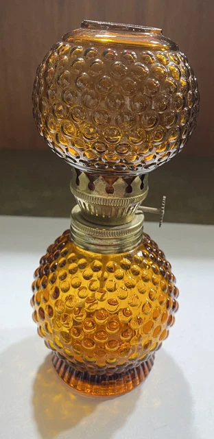 Amber Glass Mini Hobnail Oil Lamp w/Glass Shade 6.5” - beautiful! Vtg